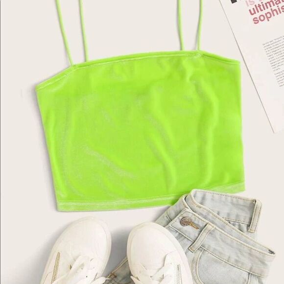 SHEIN | Lime Green Velvet Crop Tank Top Medium - Picture 4 of 7